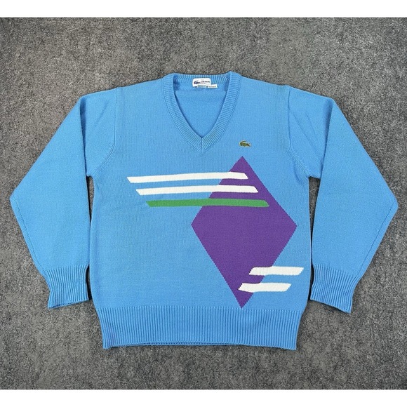 Lacoste Other - Vintage 70s Lacoste Sweater Mens Medium Blue Purple Geometric Print V Neck Gator